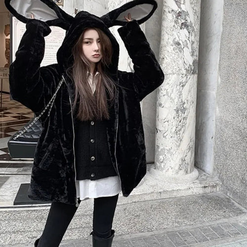 Load image into Gallery viewer, Autumn Winter Clothing Furry Jackets for Women Rabbit Ears Hooded Zipper Outwear Thicked Soft Warm Coats Korean Y2k Tops
