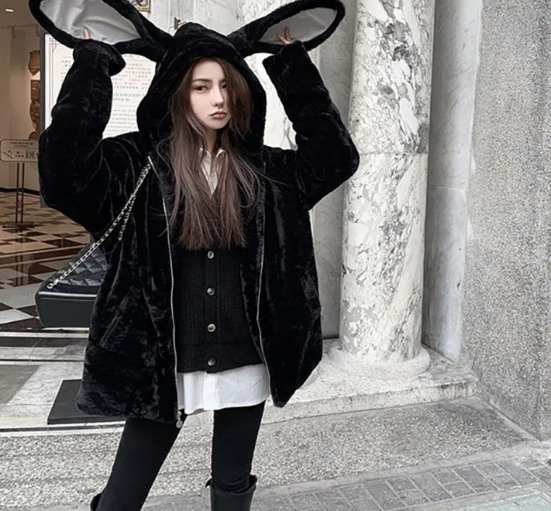 Autumn Winter Clothing Furry Jackets for Women Rabbit Ears Hooded Zipper Outwear Thicked Soft Warm Coats Korean Y2k Tops