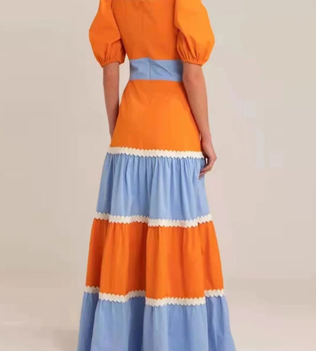 Colorblock Cut Out Dress For Women Square Collar Short Puff Sleeve High Waist Floor Length Dresses Female 2022 Summer Style