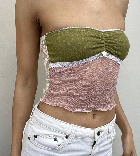 Fairy Grunge Lace Trim Strapless Tube Top Women Sheer Mesh Bandeau 2000s Going Out Tees y2k Clothing Sweet Streetwear