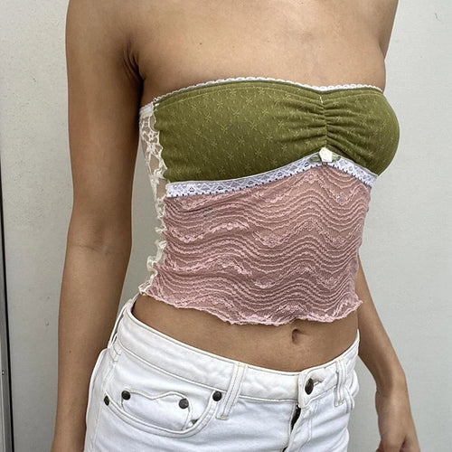 Fairy Grunge Lace Trim Strapless Tube Top Women Sheer Mesh Bandeau 2000s Going Out Tees y2k Clothing Sweet Streetwear