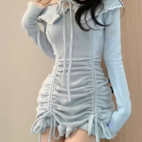 Load image into Gallery viewer, Sexy Bodycon Dress Wrap Ruched Women Korean Style Kpop Off Shoulder Ruffle Mini Short Dresses Party Drawstring Summer
