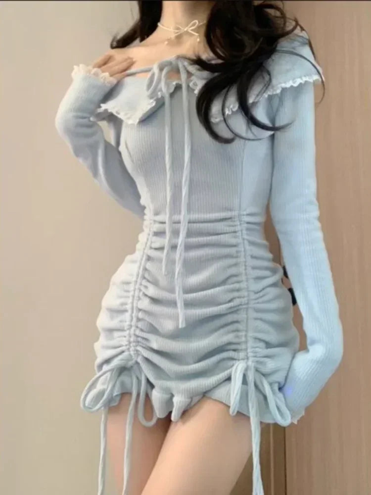 Sexy Bodycon Dress Wrap Ruched Women Korean Style Kpop Off Shoulder Ruffle Mini Short Dresses Party Drawstring Summer