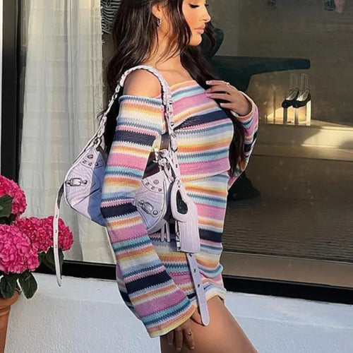 Load image into Gallery viewer, Autumn Sexy Contrast Stripe Long Sleeve Slim Fit Dress For Women One Line Neck Elastic Bodycon Party Club Evening Dress
