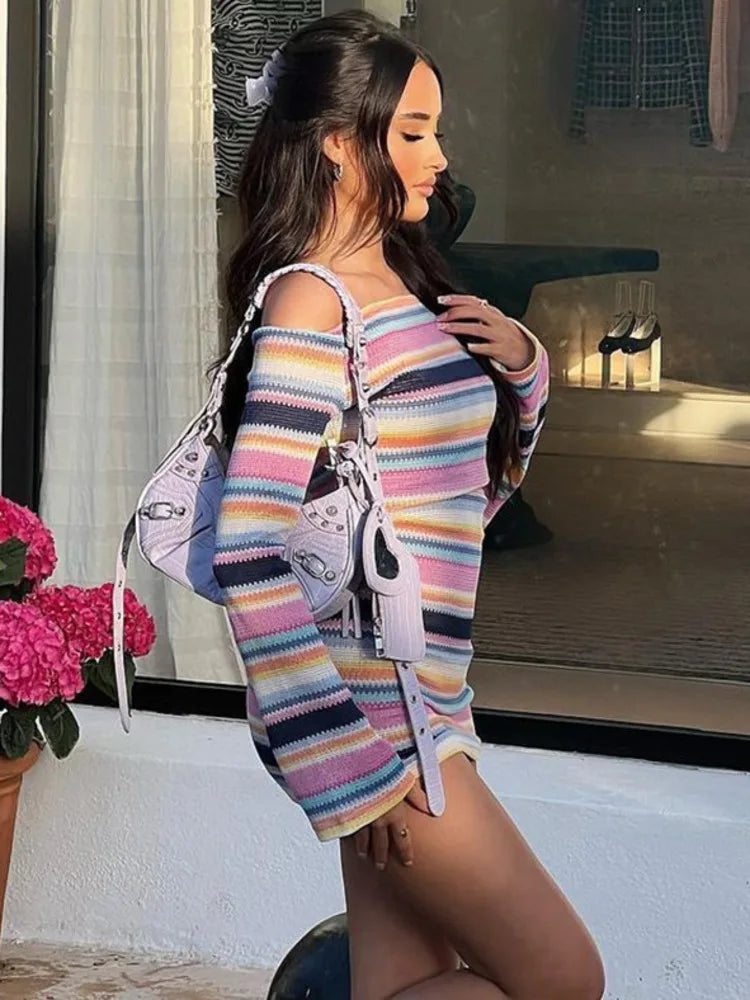 Autumn Sexy Contrast Stripe Long Sleeve Slim Fit Dress For Women One Line Neck Elastic Bodycon Party Club Evening Dress