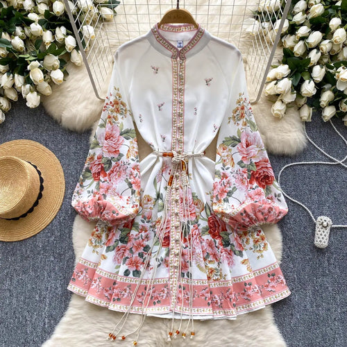 Load image into Gallery viewer, Autumn New Women Fashion White Floral Long Sleeved Lace-up Prom Dress Elegant Single Breasted Princess Pleated Short Dress Boho
