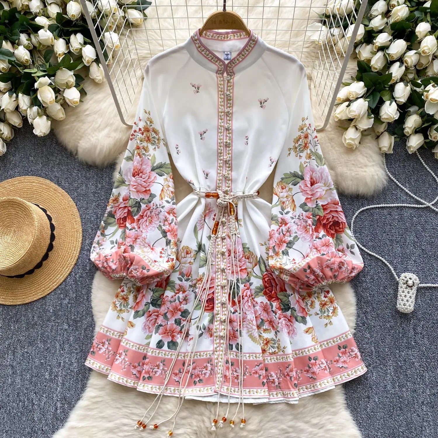 Autumn New Women Fashion White Floral Long Sleeved Lace-up Prom Dress Elegant Single Breasted Princess Pleated Short Dress Boho