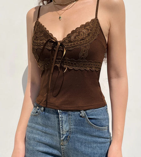 Y2K Retro Fashion Lace Patchwork Brown Crop Top Grunge Fairycore Strap Bow Camisole Slim Basic Summer Women Tops Cute