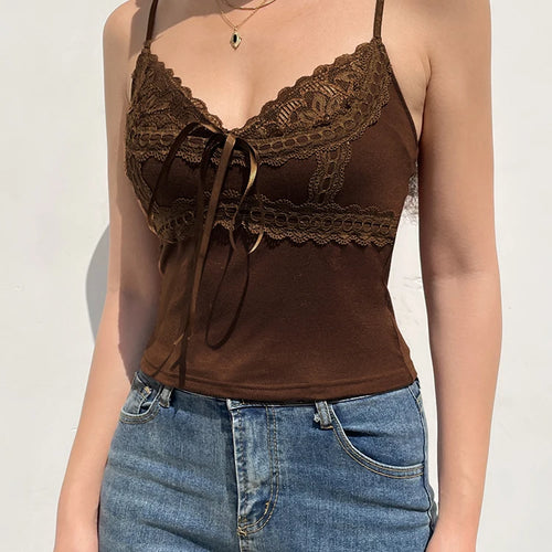 Load image into Gallery viewer, Y2K Retro Fashion Lace Patchwork Brown Crop Top Grunge Fairycore Strap Bow Camisole Slim Basic Summer Women Tops Cute
