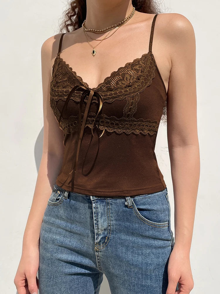 Y2K Retro Fashion Lace Patchwork Brown Crop Top Grunge Fairycore Strap Bow Camisole Slim Basic Summer Women Tops Cute