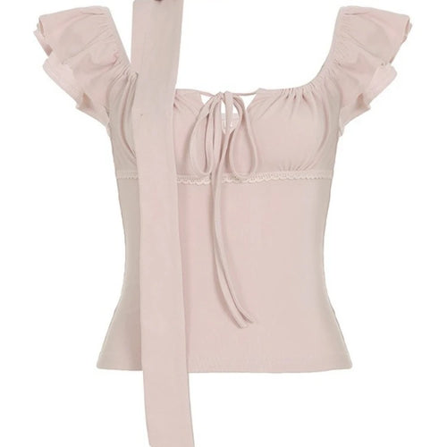 Load image into Gallery viewer, Sexy Square Collar Bandage Tees Summer Women Y2k Aesthetic Feifei Sleeves Slim Fit T-shirt Harajuku Grunge Fairy Cropped Tops
