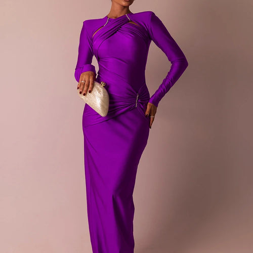 Load image into Gallery viewer, Hollow Out Long Sleeve Sexy Maxi Dress For Women Gown Fashion Solid Bodycon Ruched Club Evening Elegant Long Dress
