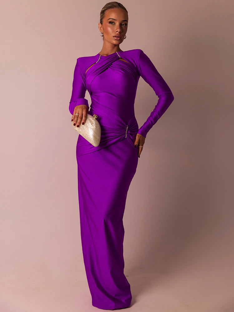 Hollow Out Long Sleeve Sexy Maxi Dress For Women Gown Fashion Solid Bodycon Ruched Club Evening Elegant Long Dress