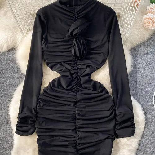 Load image into Gallery viewer, Retro Blue Bodycon Pleated Dress Women Long Sleeved Gray Dresses Women Autumn Black Sexy Club Dress Festival Night Party Dresses
