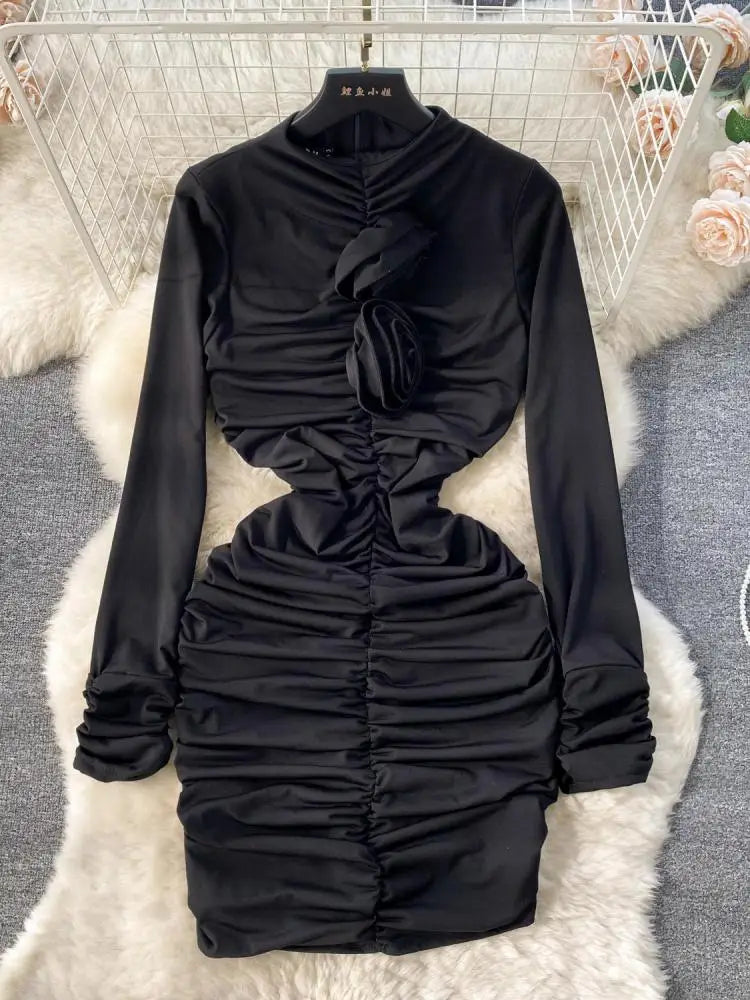 Retro Blue Bodycon Pleated Dress Women Long Sleeved Gray Dresses Women Autumn Black Sexy Club Dress Festival Night Party Dresses