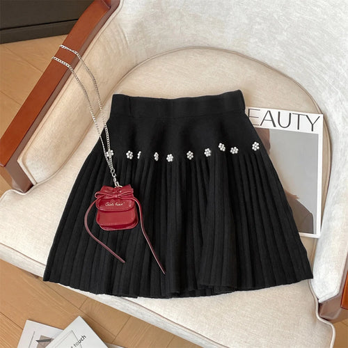 Load image into Gallery viewer, Korean Version Women Black Beige Pearl Sexy Club Vacation Short Skirt Autumn Winter Grey Elastic High Waist Party Pleated Skirts
