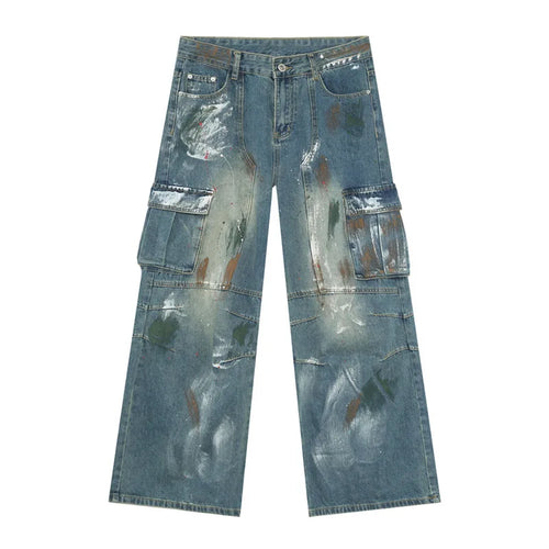 Load image into Gallery viewer, Hand Painted Men&#39;s Denim Pants Korean Style Graffiti Multi-pockets Cargo Contrast Color Straight Leg Loose Male Jeans 9W140
