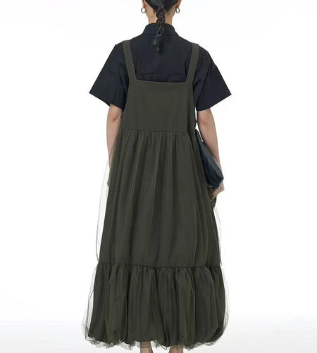 Women Green Mesh Spliced Big Size Bud Strap Dress New Square Collar Sleeveless Fashion Tide Spring Autumn 2025 1DJ1322