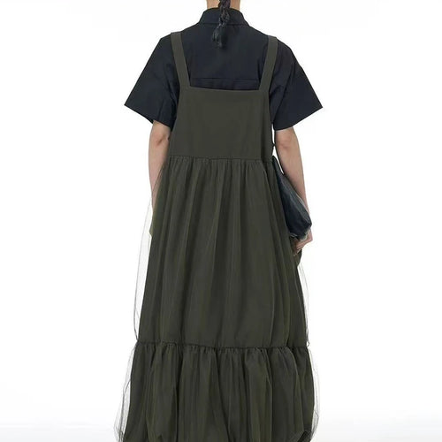 Load image into Gallery viewer, Women Green Mesh Spliced Big Size Bud Strap Dress New Square Collar Sleeveless Fashion Tide Spring Autumn 2025 1DJ1322
