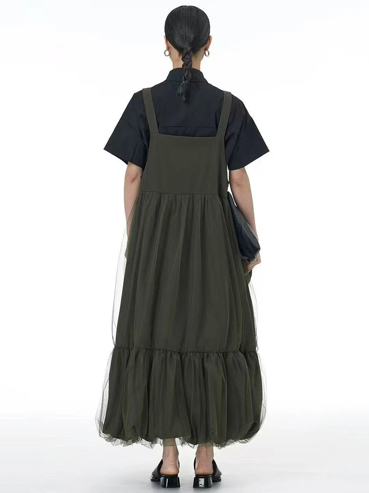 Women Green Mesh Spliced Big Size Bud Strap Dress New Square Collar Sleeveless Fashion Tide Spring Autumn 2025 1DJ1322