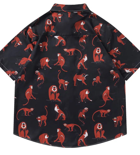 Harajuku Hawaiian Shirts Cartoon Monkey Graphic Printed Blouse Men Summer Casual Baggy Short Sleeve Button Up Beach Shirt Tops