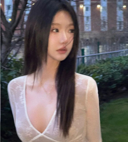 Sexy Lace Mesh Top V Neck Tees Y2k Aesthetic Slim Japanese Harajuku Crop  Chic Women Bottoming Long Sleeve T-shirt Outerwear