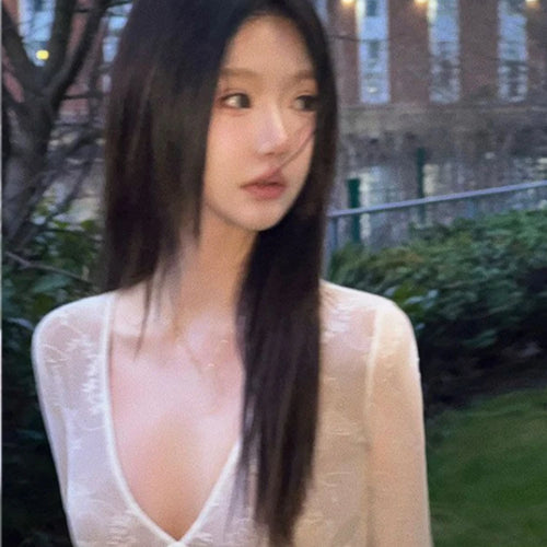 Load image into Gallery viewer, Sexy Lace Mesh Top V Neck Tees Y2k Aesthetic Slim Japanese Harajuku Crop  Chic Women Bottoming Long Sleeve T-shirt Outerwear
