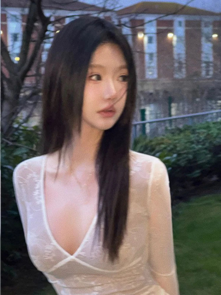 Sexy Lace Mesh Top V Neck Tees Y2k Aesthetic Slim Japanese Harajuku Crop  Chic Women Bottoming Long Sleeve T-shirt Outerwear