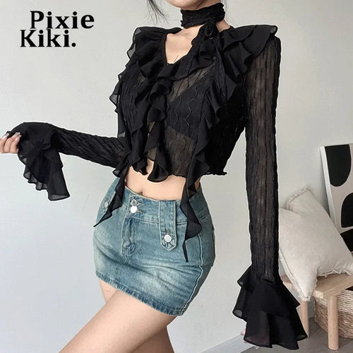 Load image into Gallery viewer, Mesh Sheer Black Shirts Y2k Fairy Grunge Irregular Hem Ruffled Flare Long Sleeve Crop Top Vintage Clothes P94-EZ20
