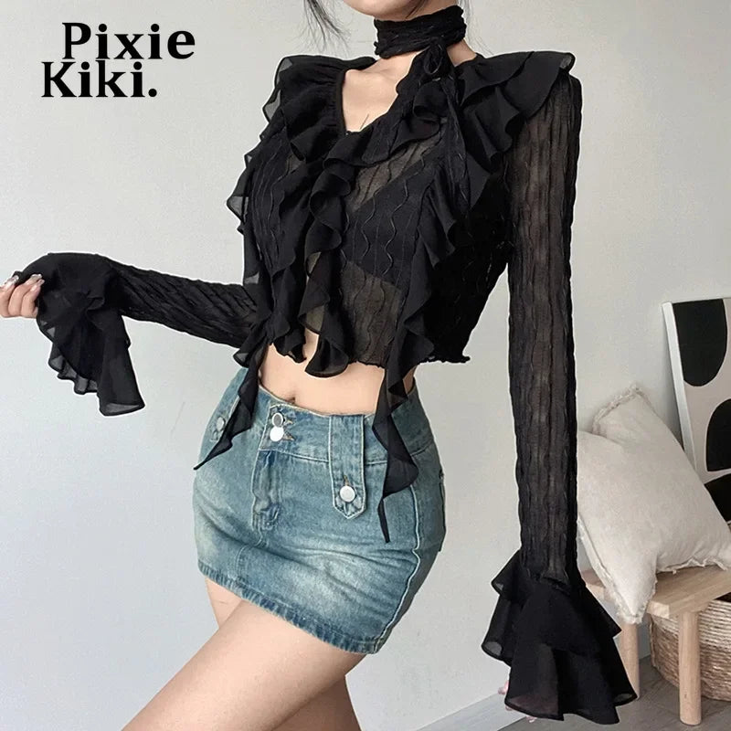 Mesh Sheer Black Shirts Y2k Fairy Grunge Irregular Hem Ruffled Flare Long Sleeve Crop Top Vintage Clothes P94-EZ20