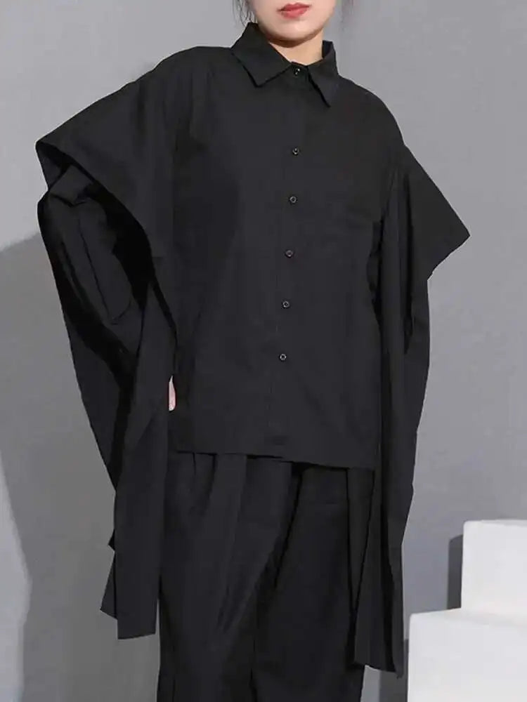 Women Black Irregular Ribbon Ribbon Big Size Blouse New Lapel Long Sleeve Shirt Fashion Tide Spring Autumn 2025 SG359