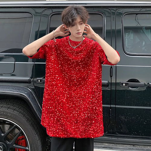 Load image into Gallery viewer, Men&#39;s T-shirt Short Sleeve Sequin Niche Design Stage Round Neck Summer Loose Male Top Pullover Temperament 9C5769
