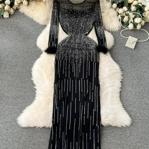 Load image into Gallery viewer, Women Luxury Black Slim  Round Neck Diamond Long Sleeve Mesh Dress Autumn Elegant Evening Party Carpet Show Stage Costume Dress
