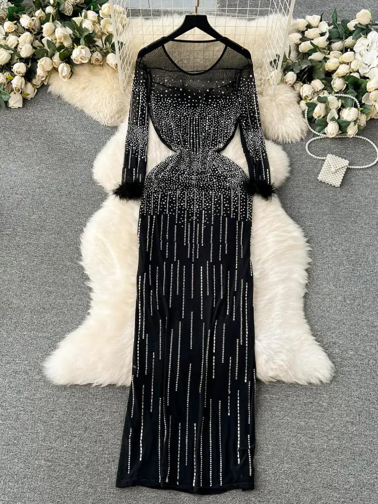 Women Luxury Black Slim  Round Neck Diamond Long Sleeve Mesh Dress Autumn Elegant Evening Party Carpet Show Stage Costume Dress