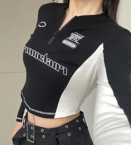 Casual Ribbed Knit Stitched Autumn T-shirts Women Printed Zipper Bodycon Crop Top Moto&Biker Style Tee Shirt Outfits