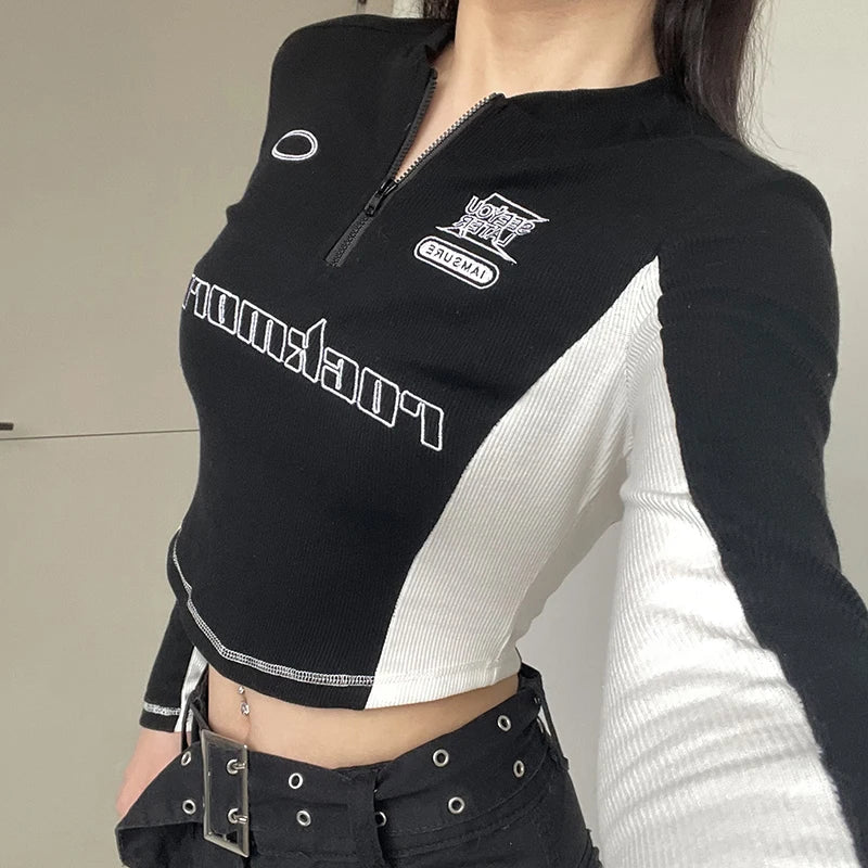 Casual Ribbed Knit Stitched Autumn T-shirts Women Printed Zipper Bodycon Crop Top Moto&Biker Style Tee Shirt Outfits
