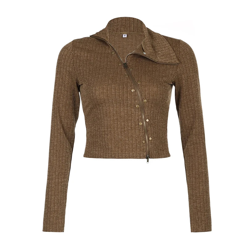Asymmetrical Skinny Autumn T shirt Female Clothing Zipper Rivet Vintage Crop Top Jacket Fashion Chic Shirts Outwear