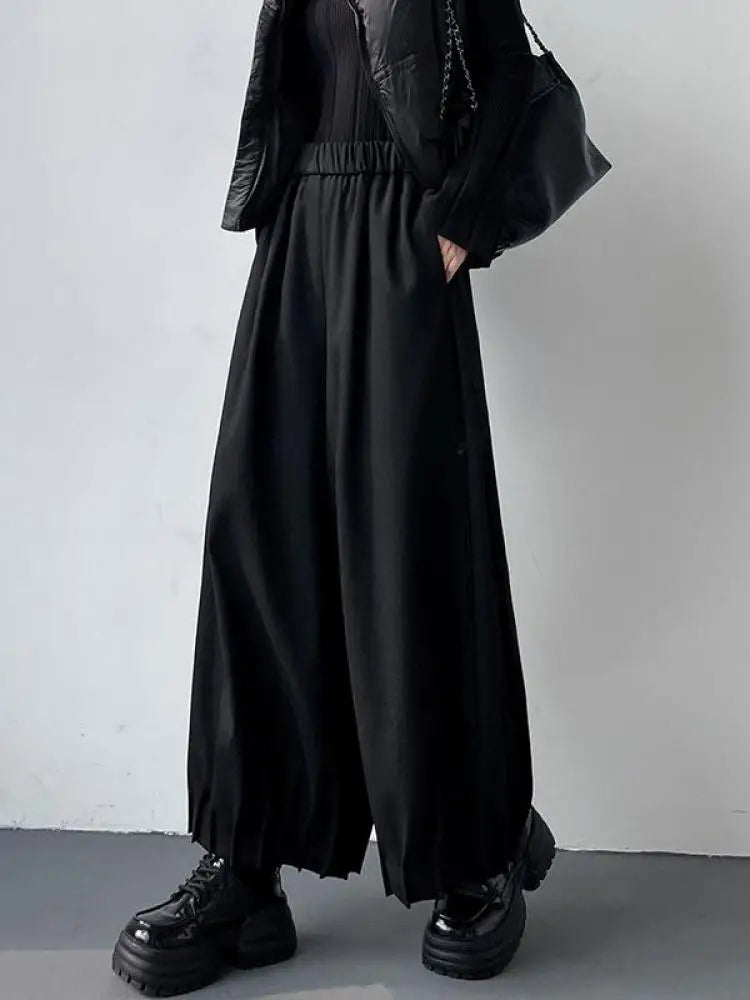 Women Black High Waist Pleated Woolen Ankle-length Pant Grey Versatile Wide Leg Trousers 2024 Autumn Winter Streetwear Simple