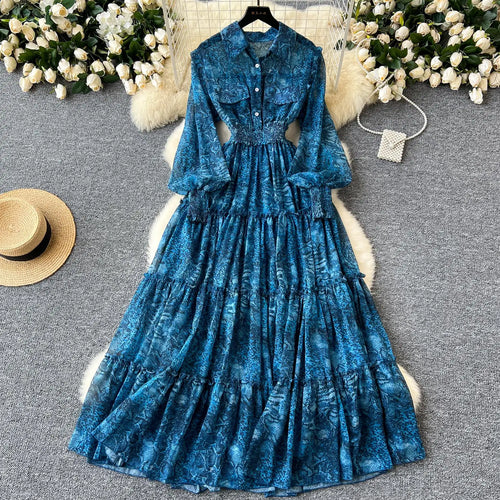 Load image into Gallery viewer, Retro 2024 Autumn Women Print Elegant Lantern Sleeves Long Dress High Waist Single Breasted Evening Party Pleated Shirt Dresses
