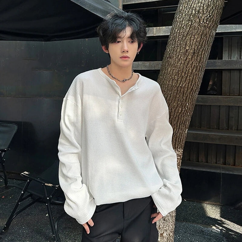Men's Long Sleeve T-shirts New Korean Style Solid Color Trendy Button Design Pullover Loose Male O-neck Clothing 9W1760
