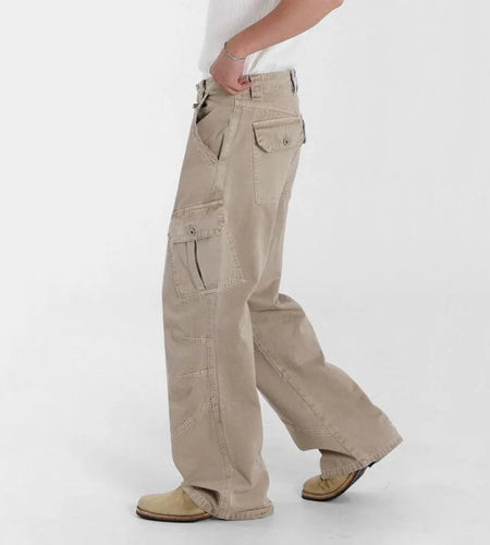 Men's Washed Jeans New Summer Loose Cargo Pants Korean Multi Pockets Trendy Niche Straight Leg Male Simple Bottoms 9W1634