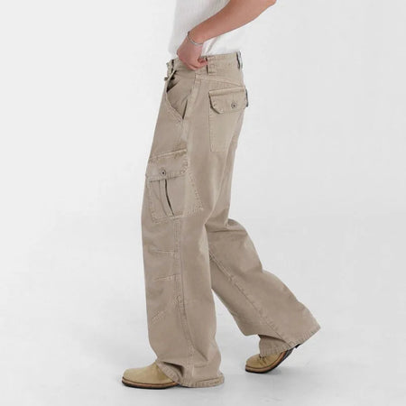 Men's Washed Jeans New Summer Loose Cargo Pants Korean Multi Pockets Trendy Niche Straight Leg Male Simple Bottoms 9W1634