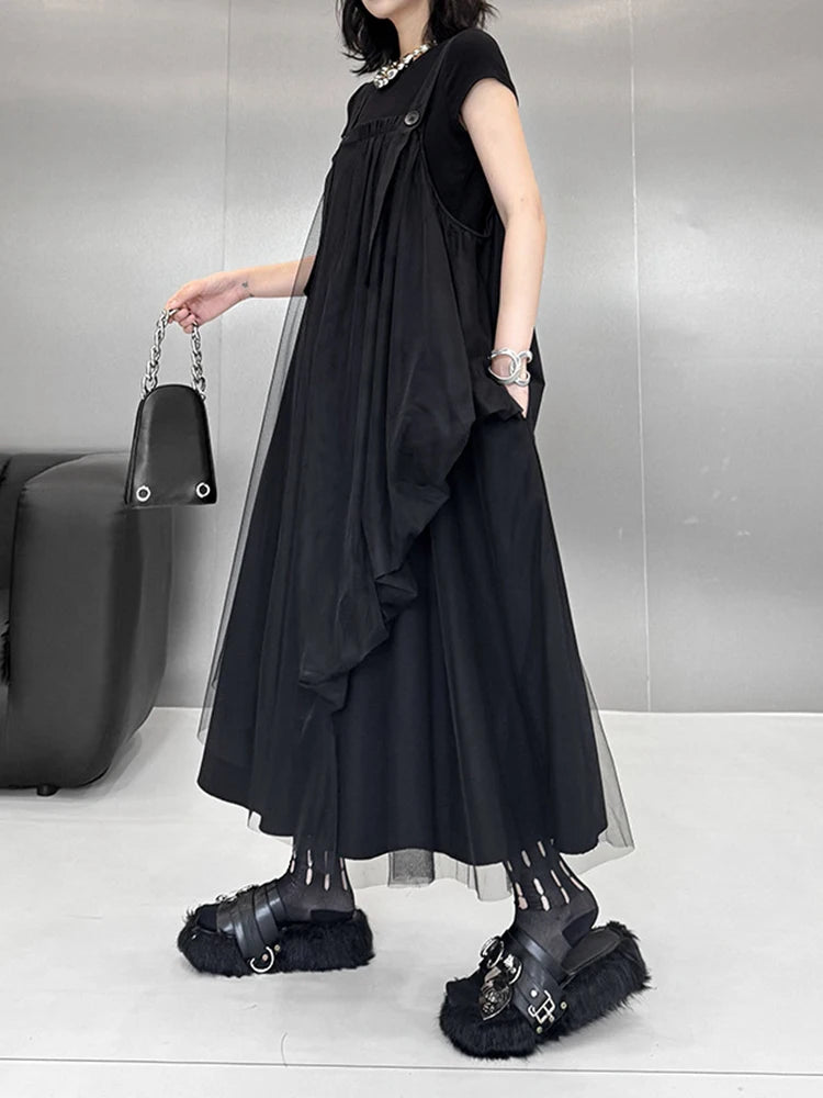 Women Black Irregular Mesh Big Size Strap Dress New Square Collar Sleeveless Fashion Tide Spring Autumn 2025 1DJ1413