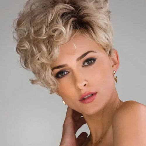 Load image into Gallery viewer, Synthetic Curly Wig with Bangs Short Blonde Wigs for White Women Blond with Dark Roots Color Wig Ladies Natural HairCut
