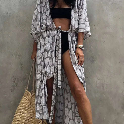 Load image into Gallery viewer, 7 Colors Leaves Printed With Belt Half Sleeve Tunic Beach Cover Up Cover-ups Beach Dress Beach Wear Beachwear Female Women V4511
