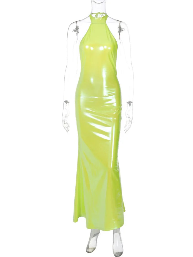 Halter Backless Bow Sexy Maxi Dress For Women Gown Fashion Shiny Sleeveless Lace-up Bodycon Club Long Dress Elegant