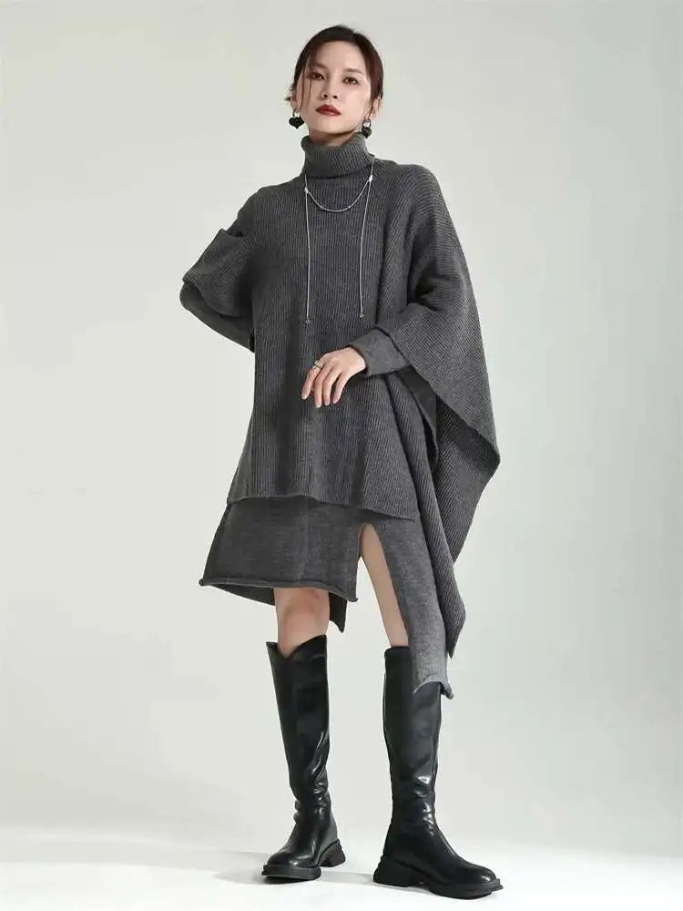 Women Gray Irregular Design Knitting Dress New Turtleneck Long Sleeve Loose Fit Fashion Tide Spring Autumn 2025 1DF2618