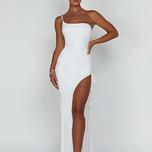 Load image into Gallery viewer, Drawstring High Slit Dress Women Sexy One Shoulder Slim Elastic Maxi Bodycon Party Pleated Vestidos Female Dresses
