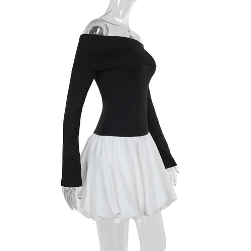 Load image into Gallery viewer, Off-shoulder Long Sleeve Sexy Mini Dress For Women Contrast Color Patchwork Strapless Backless A-line Sexy Dress
