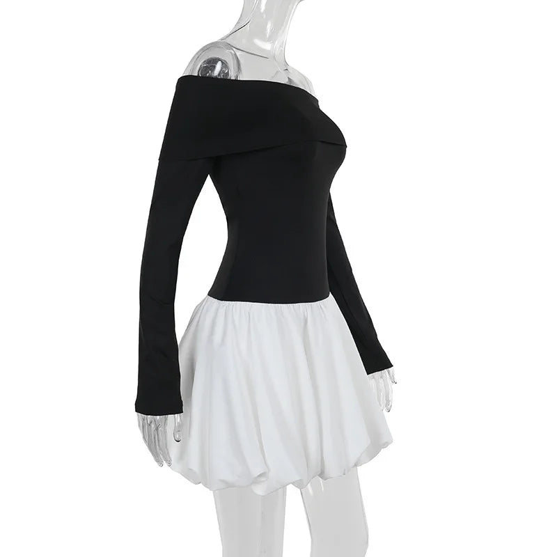 Off-shoulder Long Sleeve Sexy Mini Dress For Women Contrast Color Patchwork Strapless Backless A-line Sexy Dress